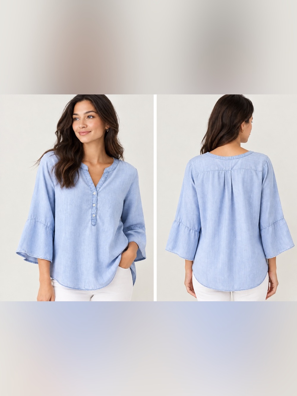 Chico’s Size 3 Blue Chambray Lyocell Bell Sleeve Henley Tunic Top